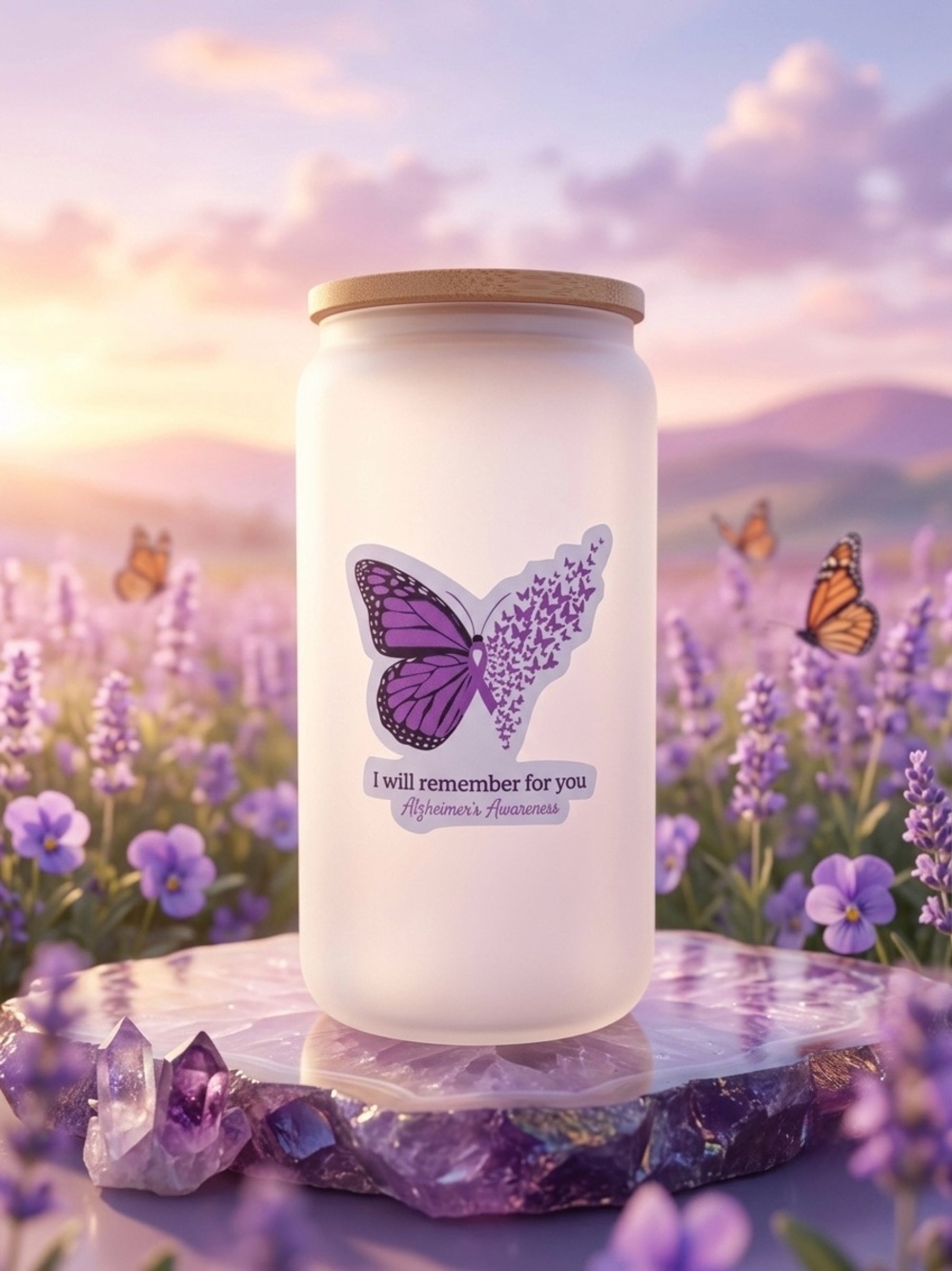 Hand Crafted Lavender Butterfly Awareness Tumbler w/ Straw & Brush
